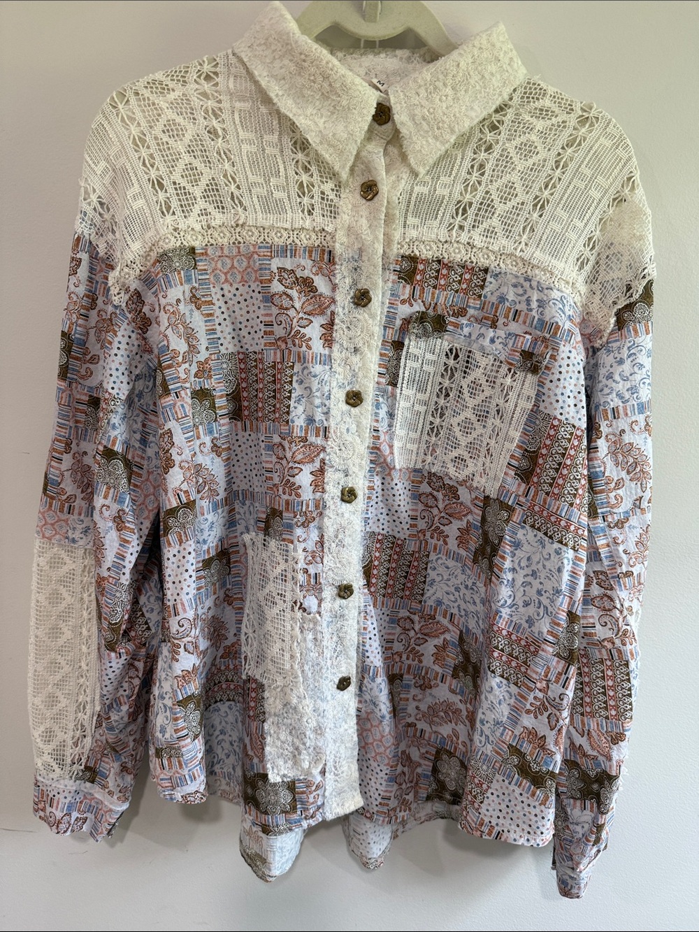 POL Lace Yoke Patchwork Button-Down Shirt in White and Brown Print